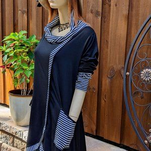 HUA LAN Tunic Dress Top * Cowl Neck * Long Sleeves *  BLACK & WHITE * Size XL